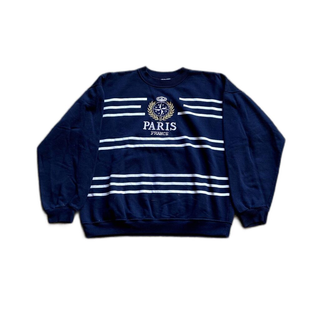 VINTAGE 90S PARIS FRANCE NAVY SPELLOUT CREWNECK SWEATSHIRT XL
